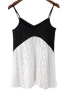 Romwe Black White Pleated Spaghetti Strap Tank Top