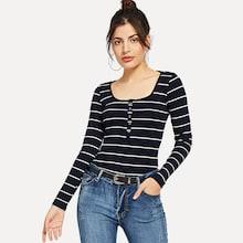 Romwe Scoop Neck Striped Henley Shirt