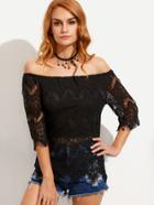 Romwe Black Crochet Hollow Out Off The Shoulder Eyelash Lace Blouse