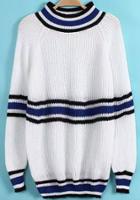 Romwe Stand Collar Striped Loose White Sweater