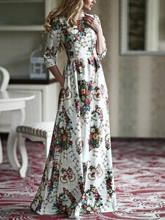 Romwe Crew Neck Florals Maxi A-line White Dress