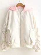 Romwe White Letter Embroidery Contrast Hooded Zipper Coat