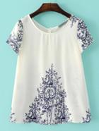 Romwe Blue And White Porcelain Button Back Blouse