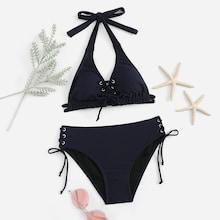 Romwe Lace-up Halter Top With Bikini Set