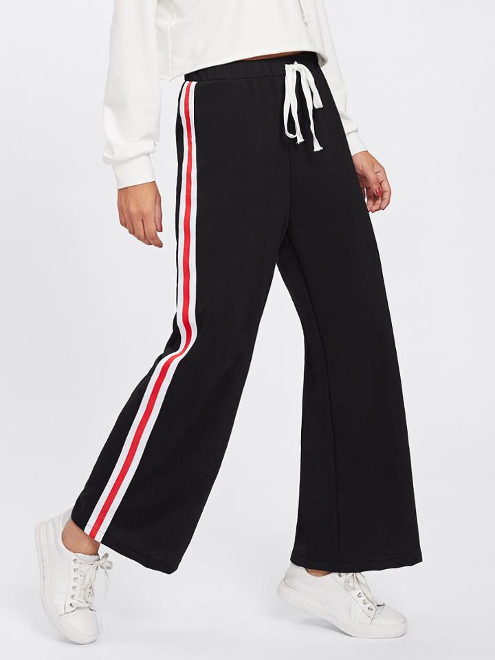 Romwe Drawstring Waist Contrast Striped Wide Leg Pants