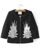 Romwe Black Embroidery Zipper Up Coat