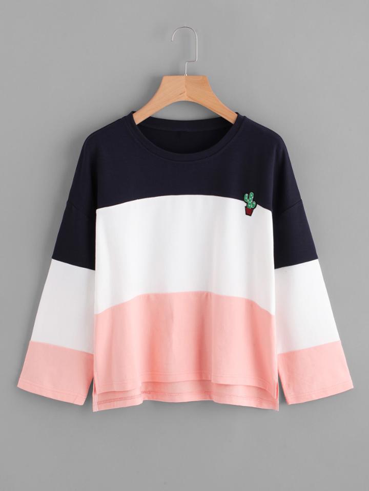 Romwe Cactus Embroidered Patch Color Block T-shirt