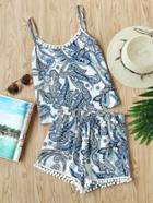 Romwe Pom Pom Trim Paisley Print Cami Top And Shorts Set
