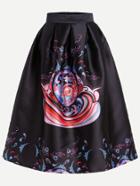 Romwe Black Printed Midi Skirt With Zipper