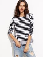 Romwe Navy And White Striped T-shirt With Ruffle Trim