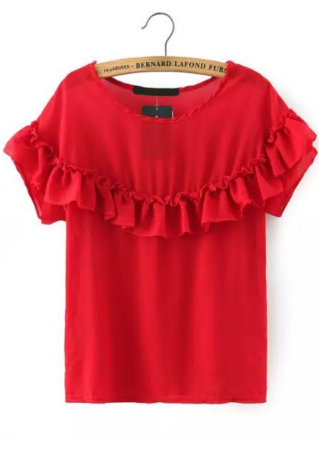 Romwe Short Sleeve Ruffle Chiffon Red Top