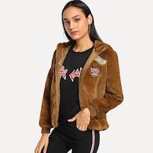 Romwe Patch Detail Faux Fur Hooded Coat
