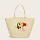 Romwe Tassel Decor Parrot Pattern Straw Tote Bag