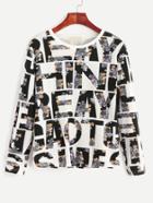 Romwe Black Floral Letter Print T-shirt