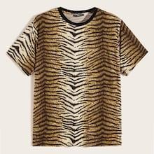 Romwe Guys Solid Neck Tiger Print Top