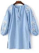 Romwe Blue Embroidery Lantern Sleeve Dress With Tie