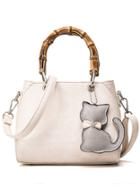 Romwe Bamboo Handle Tote Bag With Cat Bag Charm - Beige
