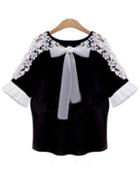 Romwe With Bow Lace Hollow Embroidered Black Top