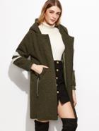 Romwe Army Green Contrast Trim Zipper Hooded Sherpa Coat