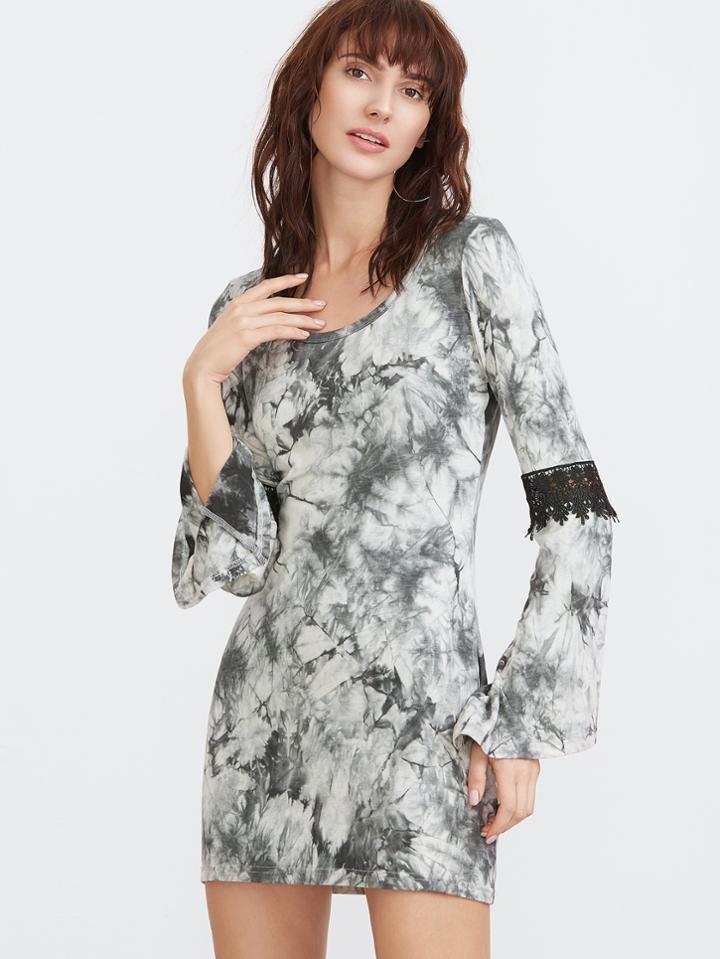 Romwe Tie Dye Bell Sleeve Contrast Crochet Dress