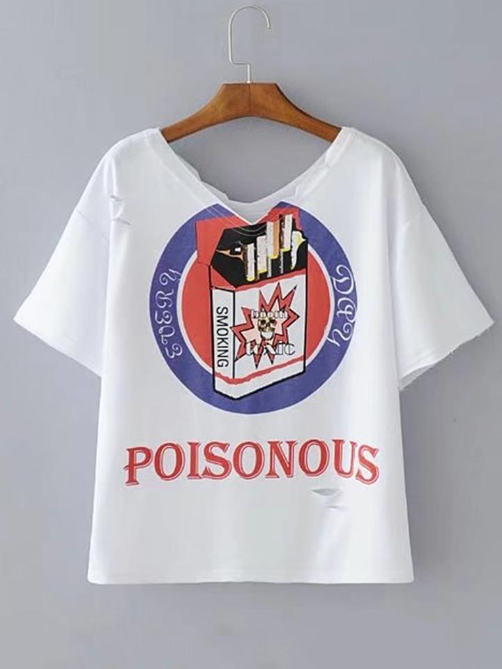 Romwe Cigarettes Print Ripped Detail Tee