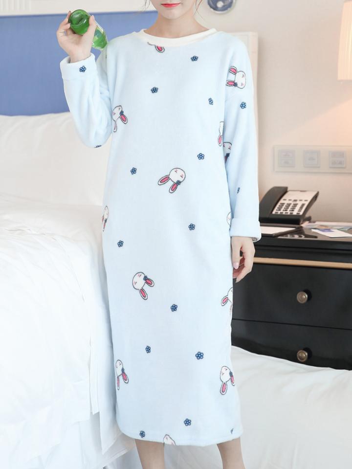 Romwe Faux Fleece Drop Shoulder Rabbit Print Night Dress