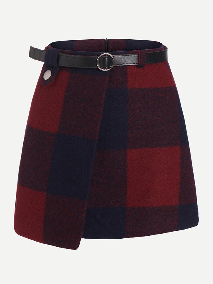 Romwe Plaid Asymmetrical Front Layer Skirt