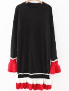 Romwe Black Color Block Bell Sleeve Ruffle Hem Sweater Dress