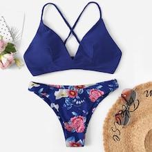 Romwe Criss Cross Top With Random Floral Low Rise Bikini