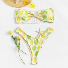 Romwe Plus Lemon Print High Leg Bikini Set