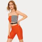 Romwe Gingham Plaid Panel Tube Top With Biker Shorts