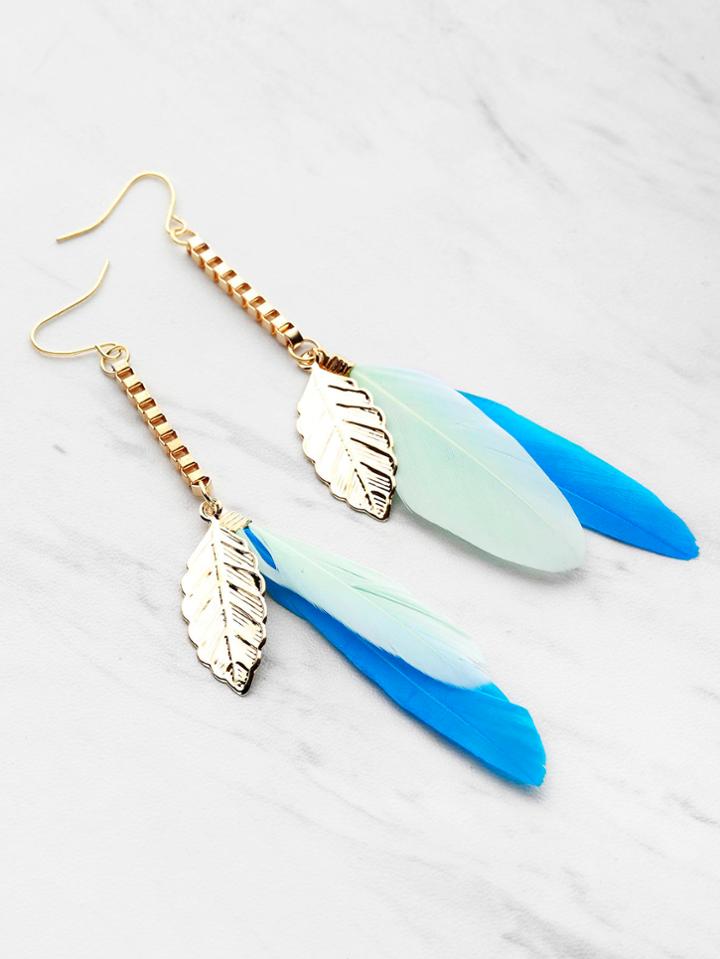 Romwe Leaf And Feather Decorated Drop Earrings