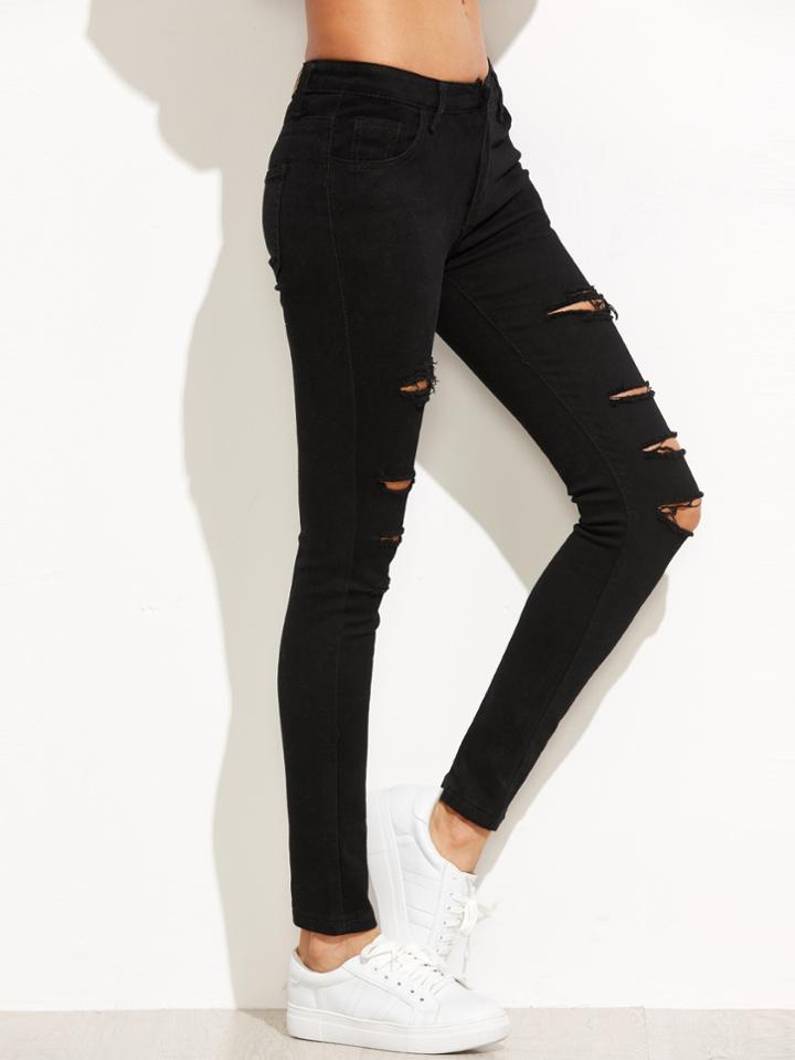 Romwe Black Ripped Skinny Denim Pants