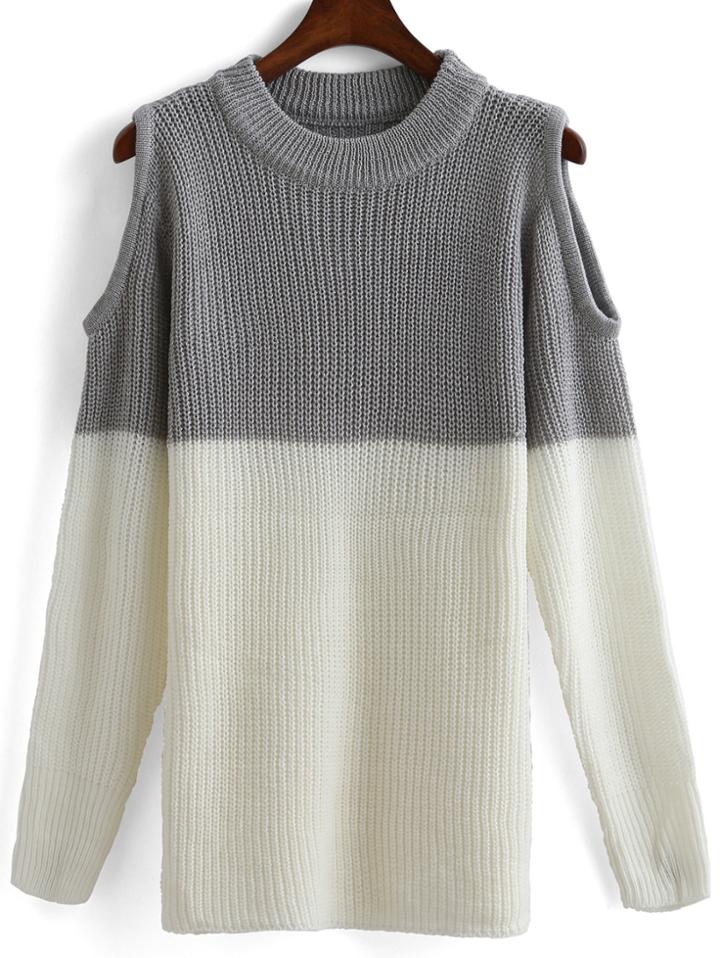 Romwe Open Shoulder Color-block Sweater