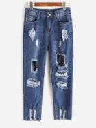 Romwe Blue Ripped Rivet Detail Raw Hem Jeans