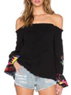 Romwe Off The Shoulder Bell Sleeve Embroidered Chiffon Blouse