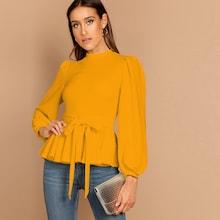 Romwe Bishop Sleeve Belted Peplum Top