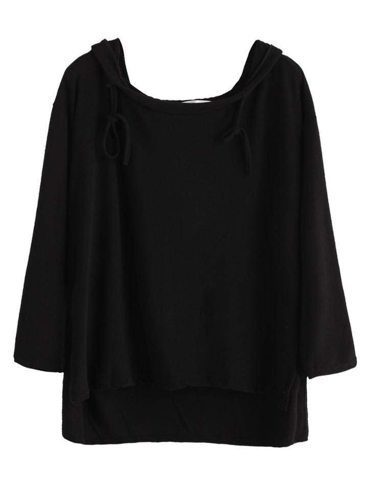 Romwe Black Drop Shoulder Dip Hem Drawstring Hooded T-shirt