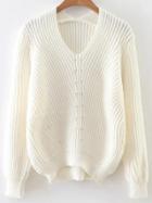 Romwe White V Neck Ribbed Asymmetrical Sweater