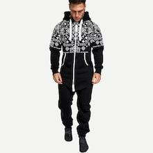 Romwe Men Geometric Pattern Drawstring Hooded Jumpsuit