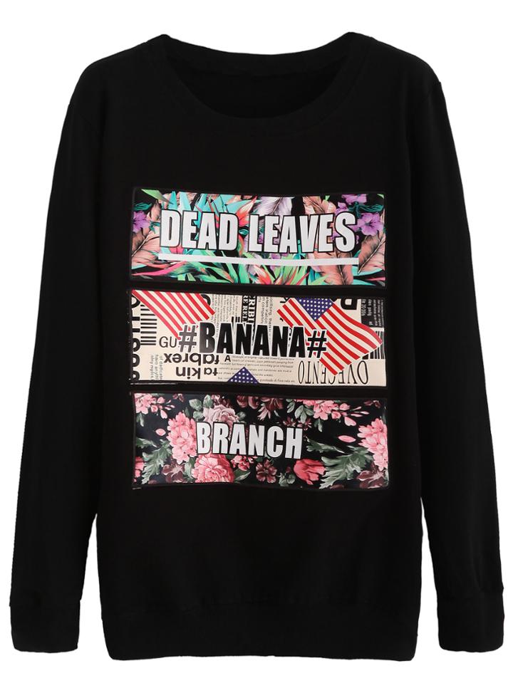 Romwe Black Printed Embroidered Sweatshirt