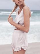 Romwe Crop Tank Top With Ruffled Shorts - Light Pink