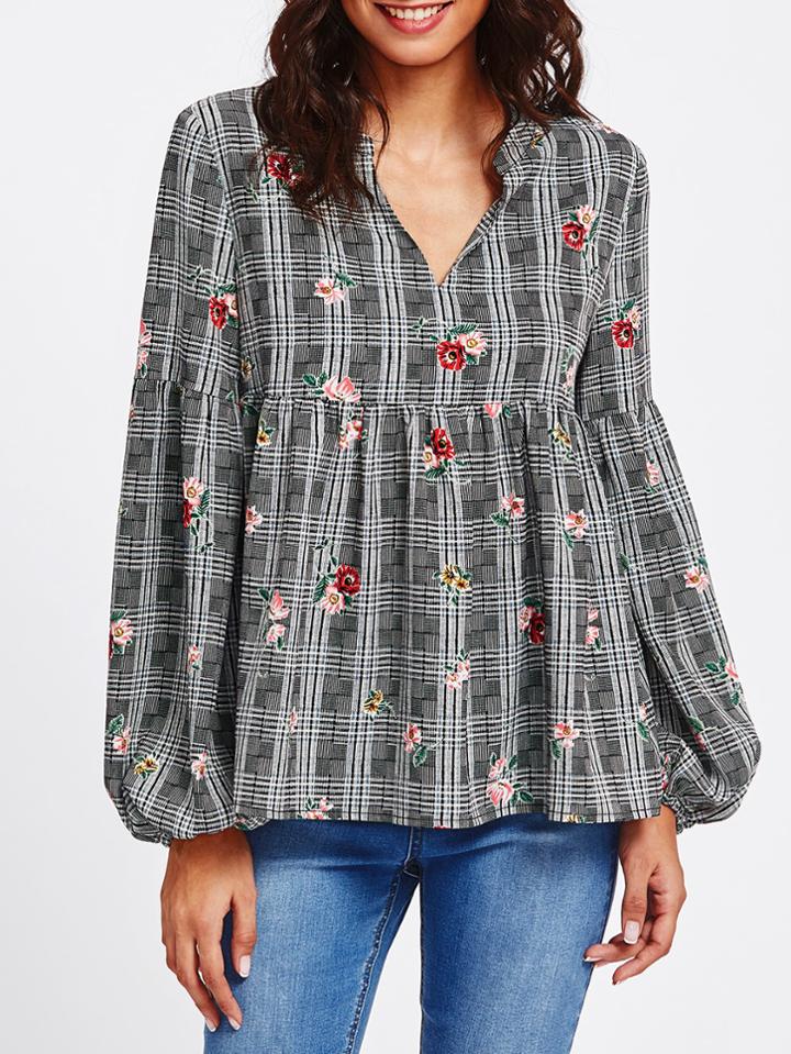 Romwe Bishop Sleeve Mixed Print Smock Top