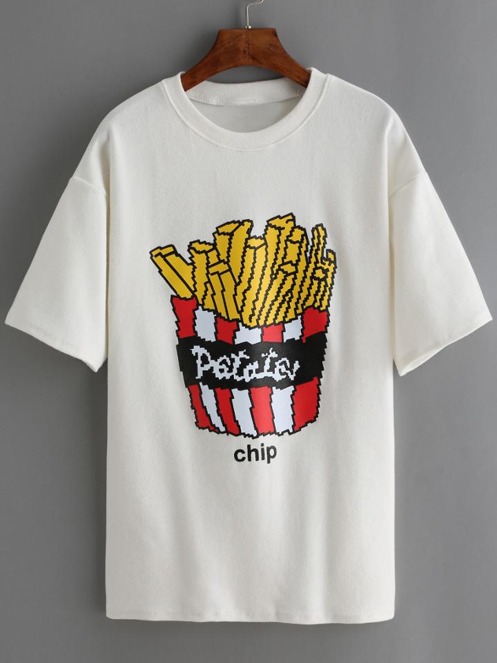 Romwe Fries Print White T-shirt