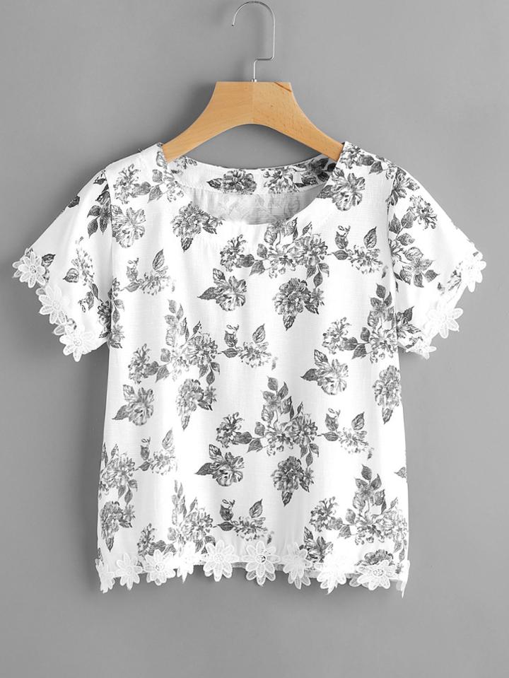 Romwe Ditsy Print Floral Lace Hem Random Blouse