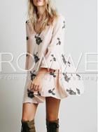 Romwe Pink Long Sleeve Backless Embroidered Dress