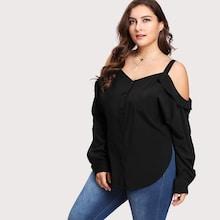 Romwe Plus Button Up Front Open Shoulder Shirt