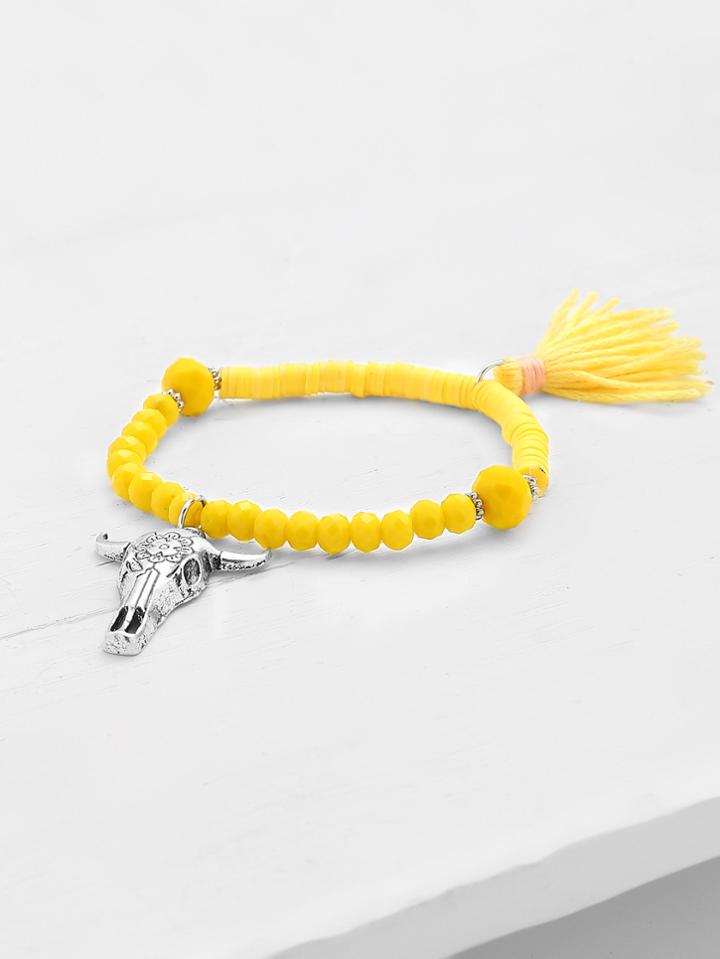 Romwe Metal Bull Head & Tassel Detail Beaded Bracelet