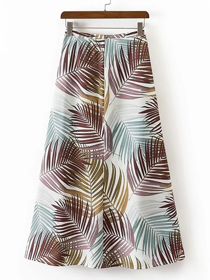 Romwe Leaves Print Zipper Back A Line Skirt