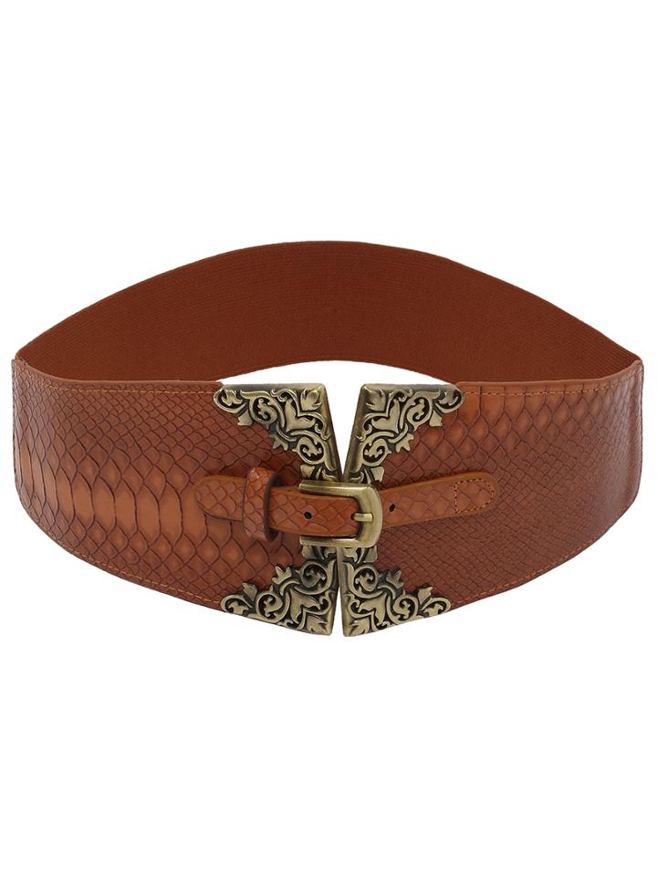Romwe Metallic Featured Brown Crocodile Embossed Elastic Belt